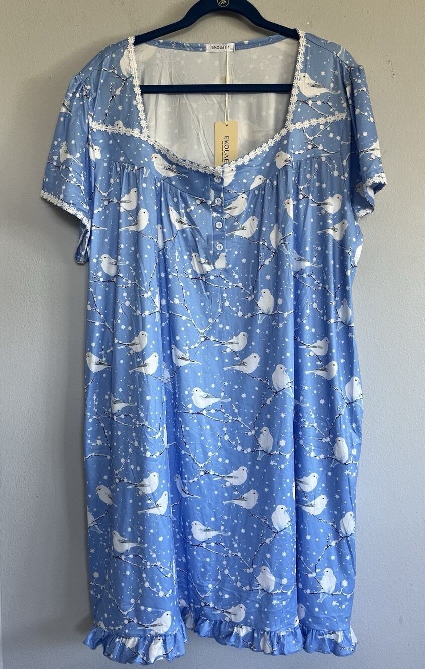 Ekouaer Blue Winter Birds Short Sleeve Nightgown Lace Trim Sleep Dress 3XL NEW